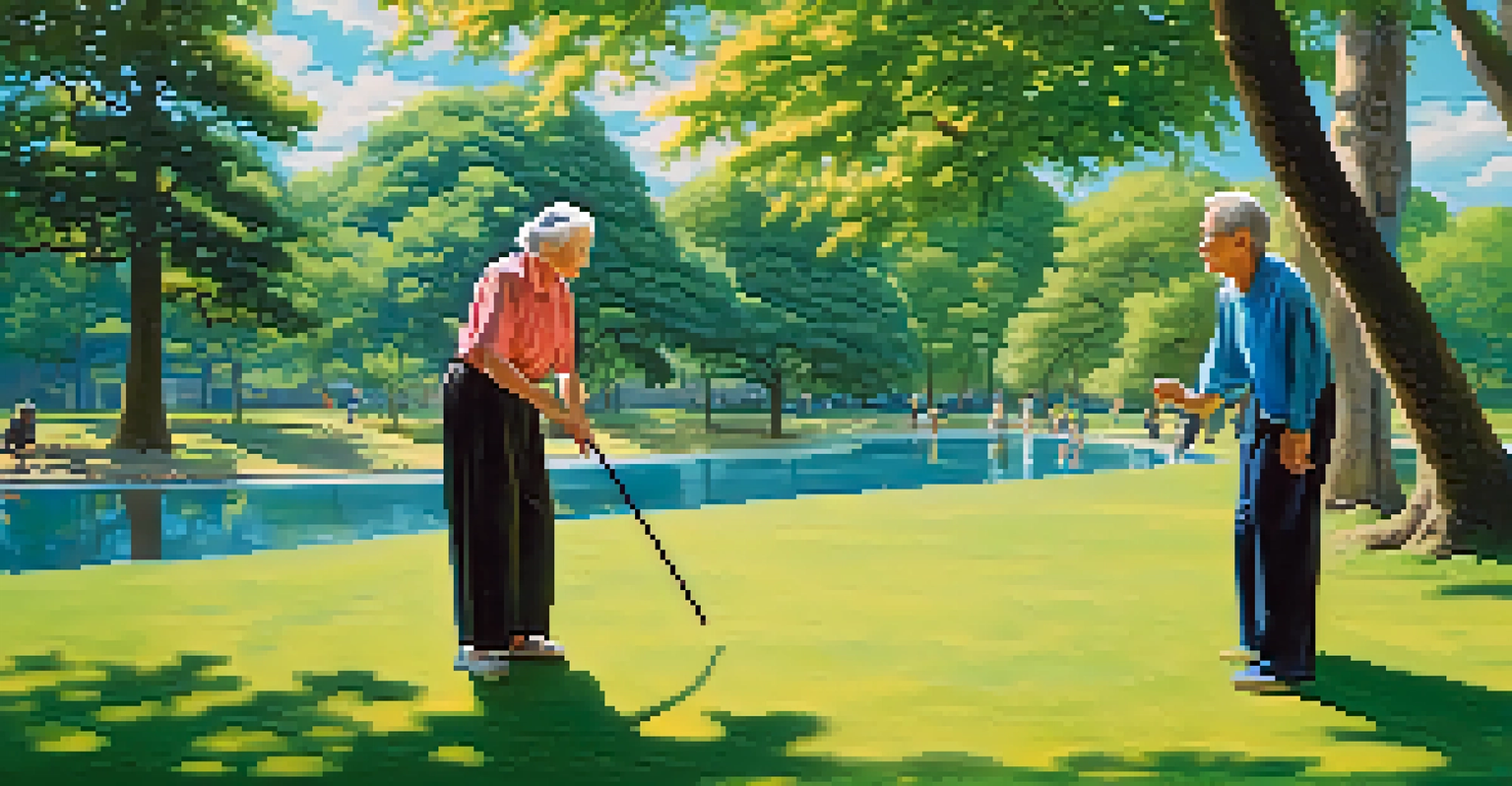 An elderly couple in a park practicing self-defense, with one using a cane, surrounded by nature.