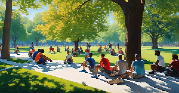 A diverse group of people practicing self-defense techniques in a sunny park, surrounded by colorful trees and a clear blue sky.