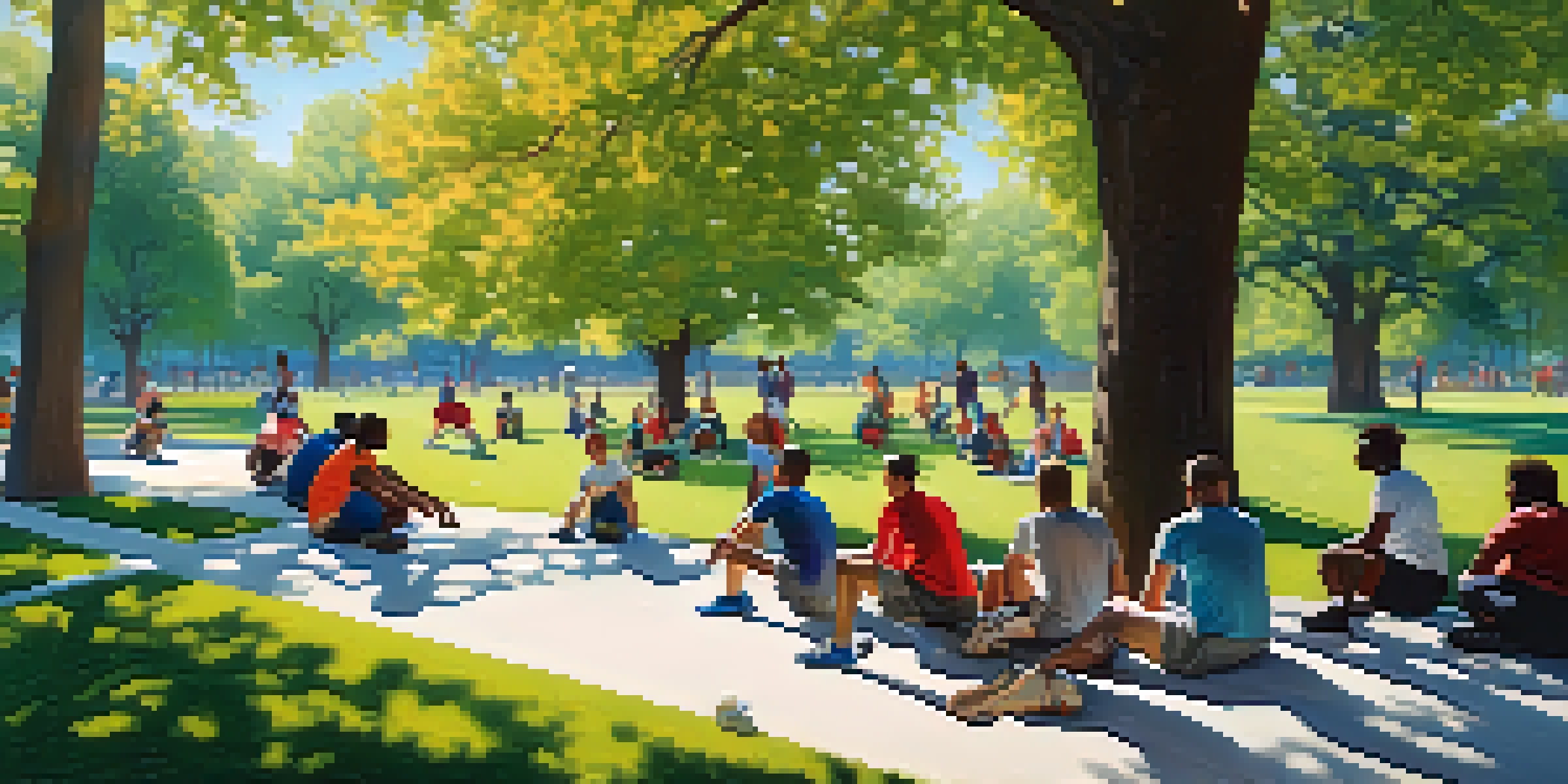 A diverse group of people practicing self-defense techniques in a sunny park, surrounded by colorful trees and a clear blue sky.