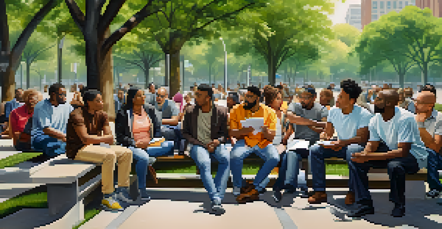 A diverse group of people discussing self-defense laws in a park, surrounded by trees and urban buildings.