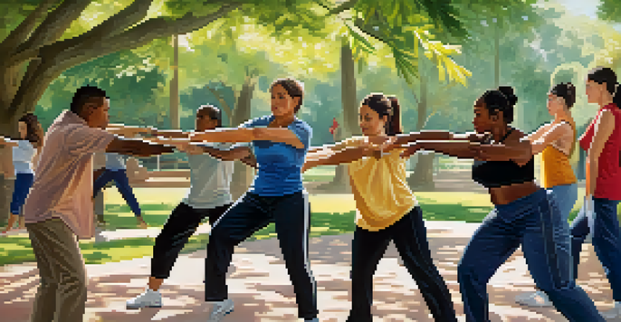 A diverse group of people practicing self-defense techniques in a sunny park, with an instructor guiding a participant on a palm strike.
