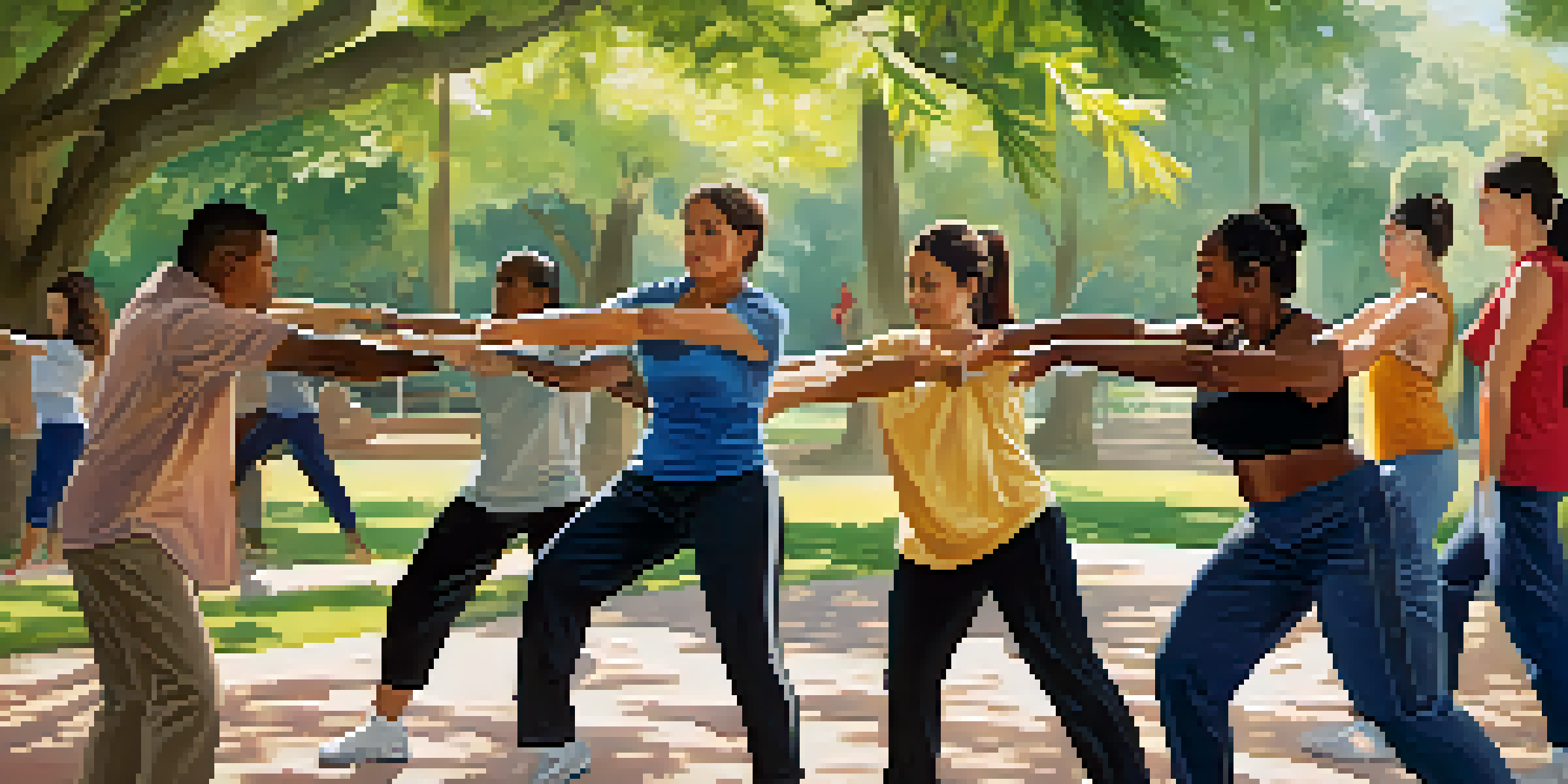 A diverse group of people practicing self-defense techniques in a sunny park, with an instructor guiding a participant on a palm strike.