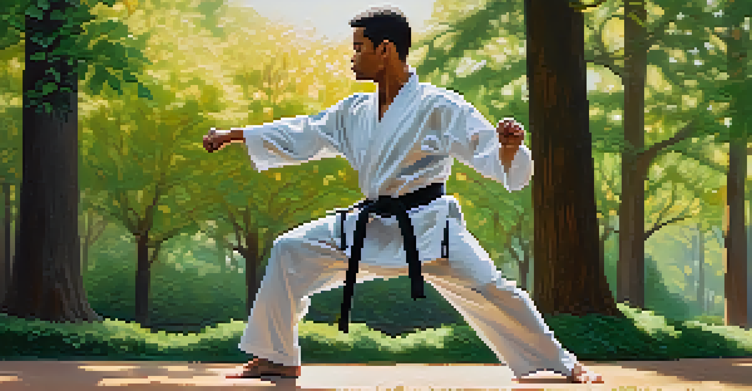 A person practicing self-defense in a park with trees and sunlight.