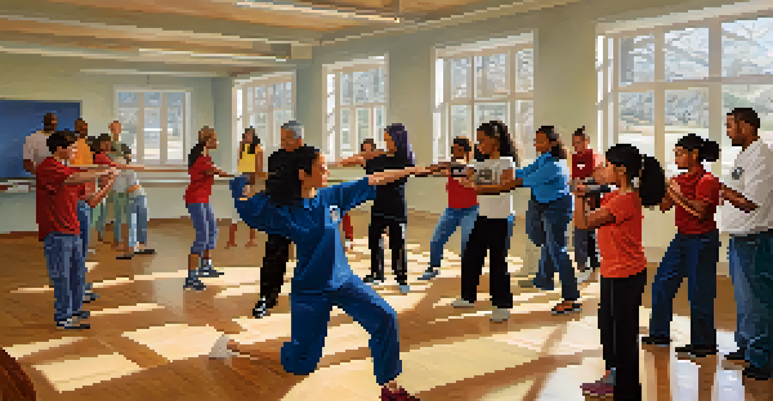 Participants in a community safety workshop learning self-defense techniques, with an instructor demonstrating a wrist lock in a well-lit community center.