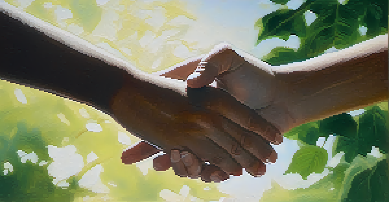 Close-up of open and relaxed hands demonstrating non-threatening body language while speaking in a soft-focus background.