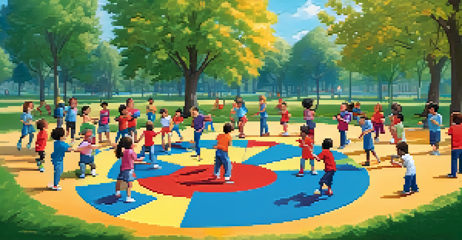 An outdoor self-defense workshop for children in a sunny park, featuring games and activities that teach self-defense skills in a cheerful environment.