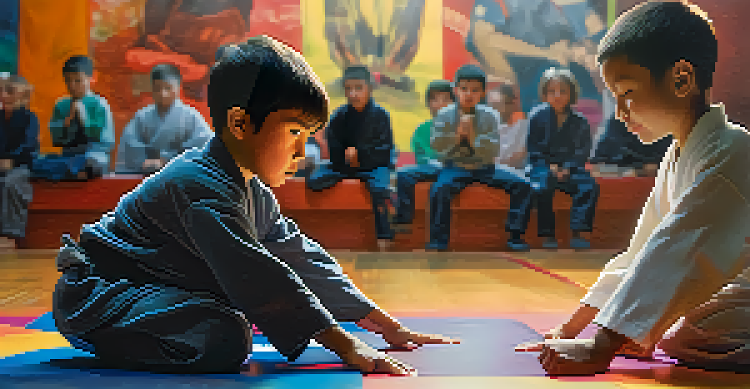 Two children practicing a self-defense move, showcasing determination and teamwork in a vibrant dojo.