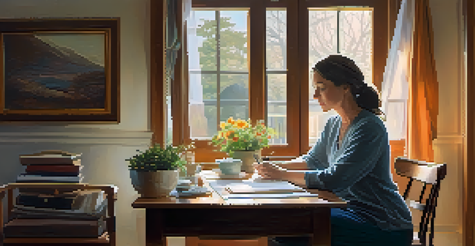 A caregiver in a warm, well-lit home, seated at a table with a notebook, assessing the safety of the environment.