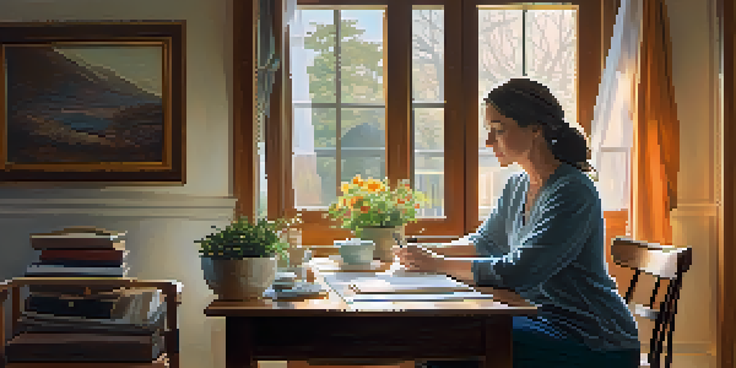 A caregiver in a warm, well-lit home, seated at a table with a notebook, assessing the safety of the environment.