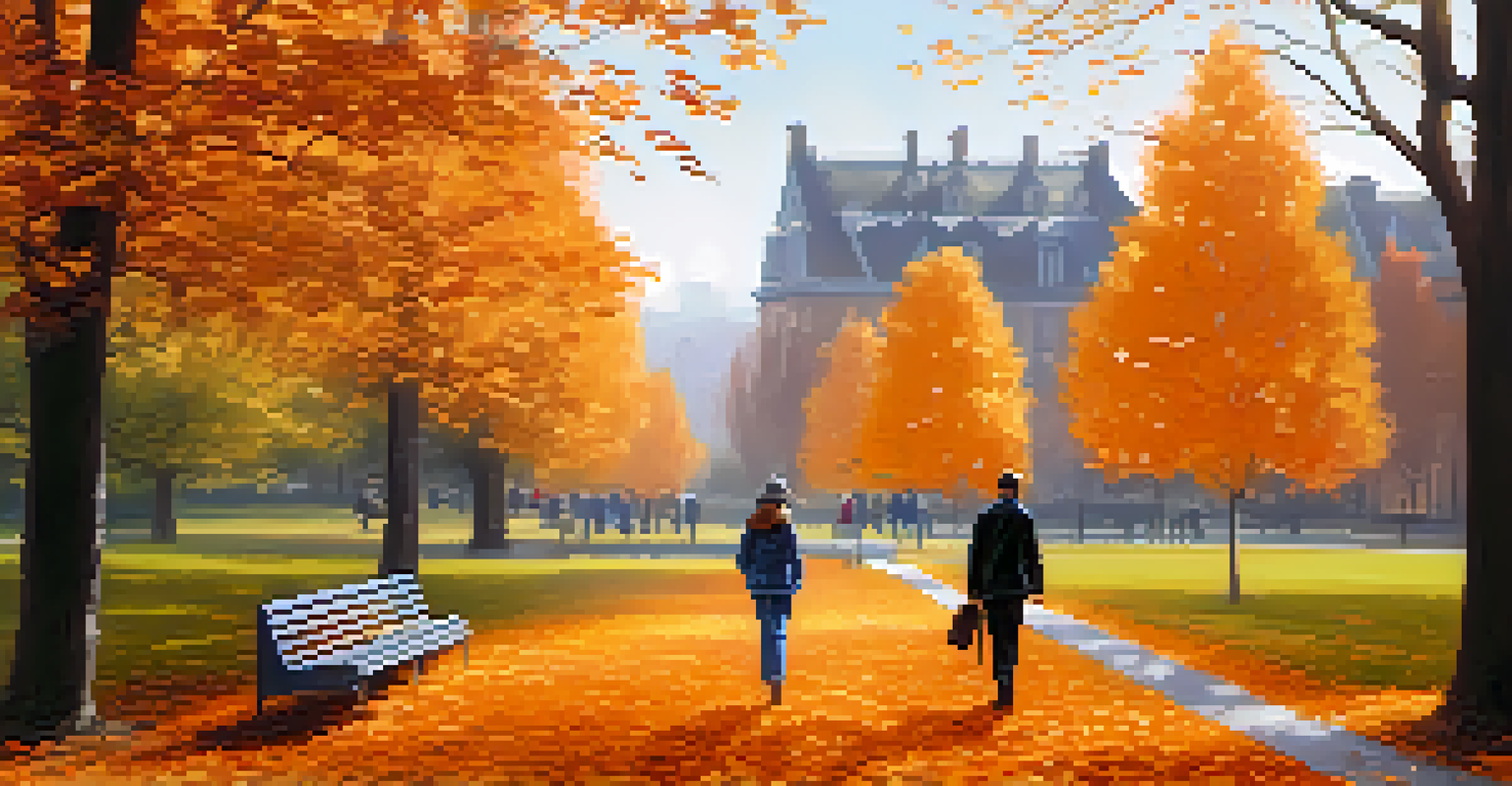 A couple walking in a park, discussing their surroundings, surrounded by beautiful autumn foliage.