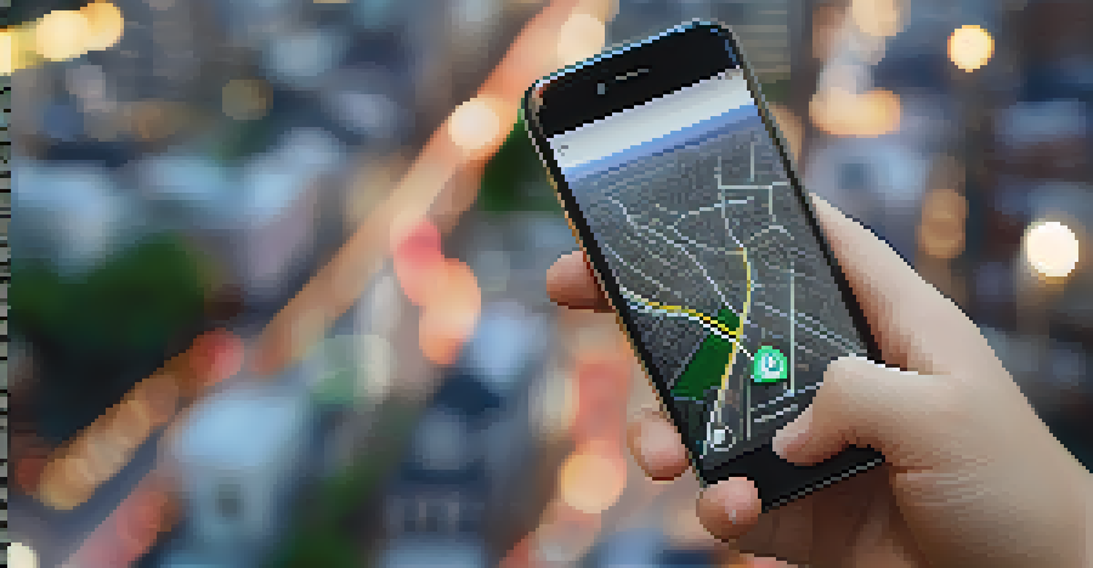 A close-up of hands holding a smartphone with a map app, set against a blurred city background.