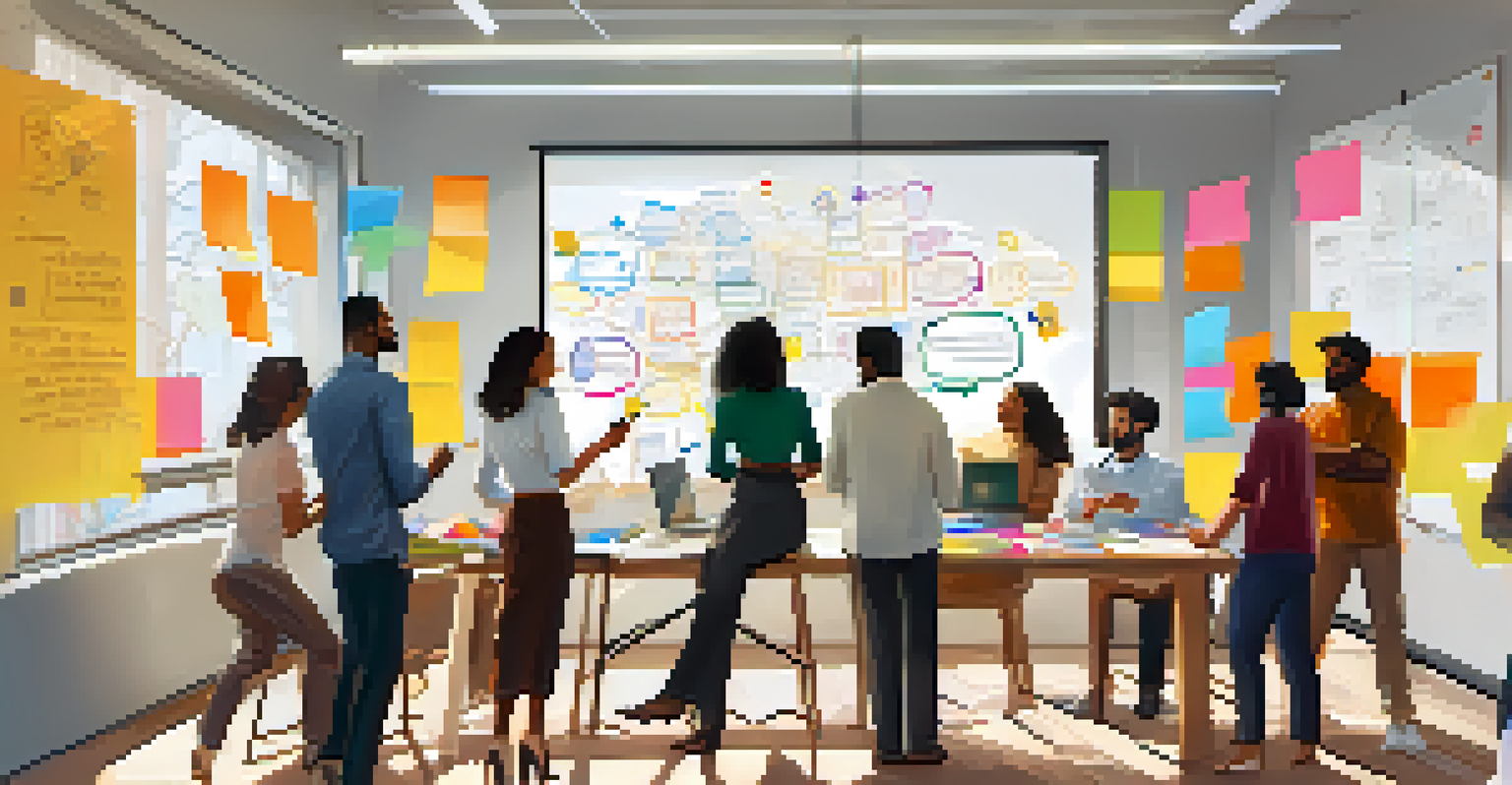 A group of professionals collaborating around a whiteboard filled with ideas and colorful sticky notes.