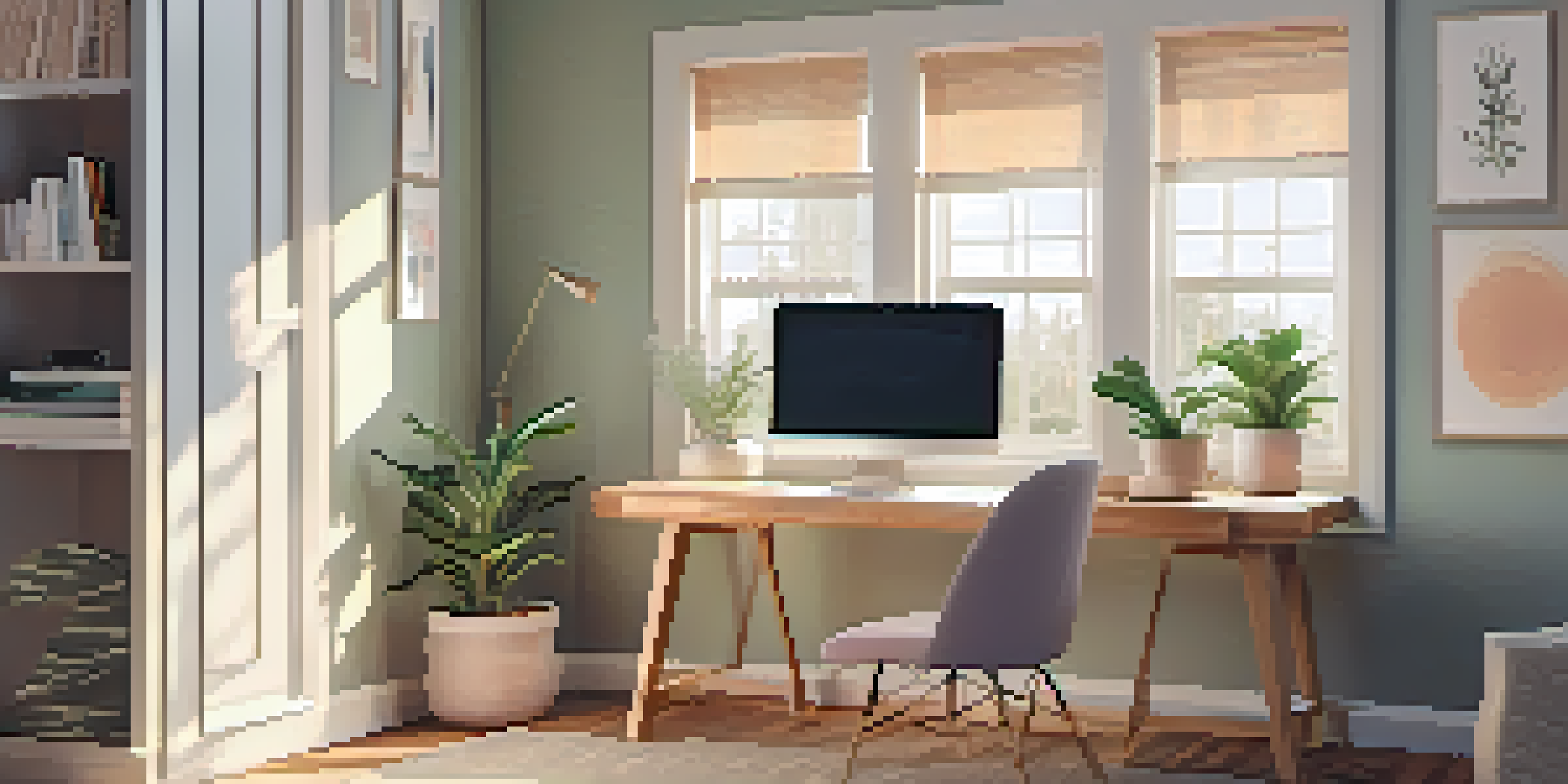 A well-organized home office with a wooden desk, laptop, coffee cup, and houseplants, illuminated by natural light from a large window.