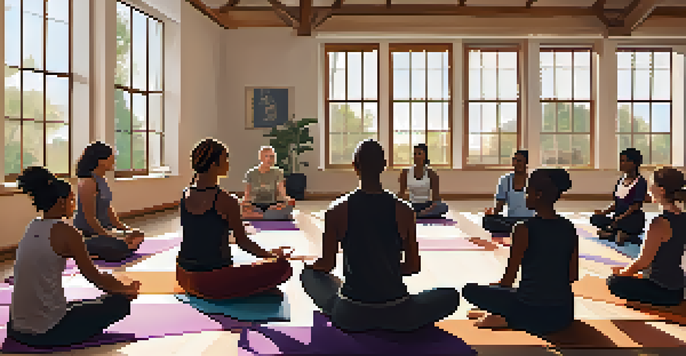 A diverse group of participants sitting in a circle during a self-defense workshop, sharing their thoughts and experiences, with warm natural light illuminating the room.
