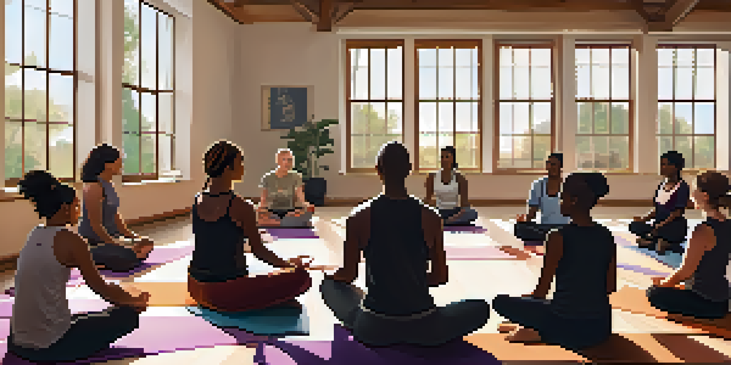 A diverse group of participants sitting in a circle during a self-defense workshop, sharing their thoughts and experiences, with warm natural light illuminating the room.