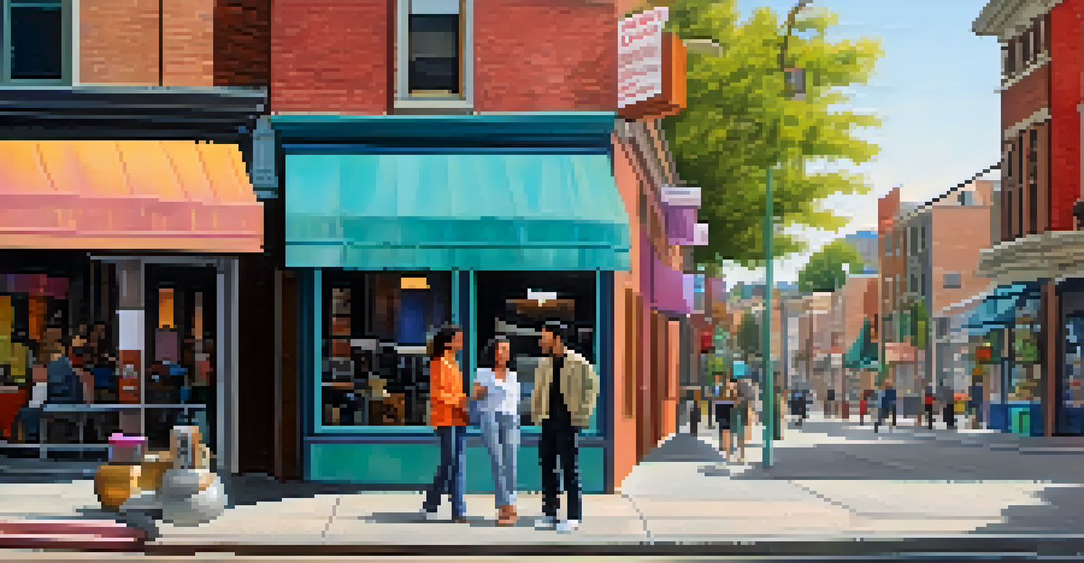 Two people conversing calmly on an urban street, showcasing open body language and empathy.