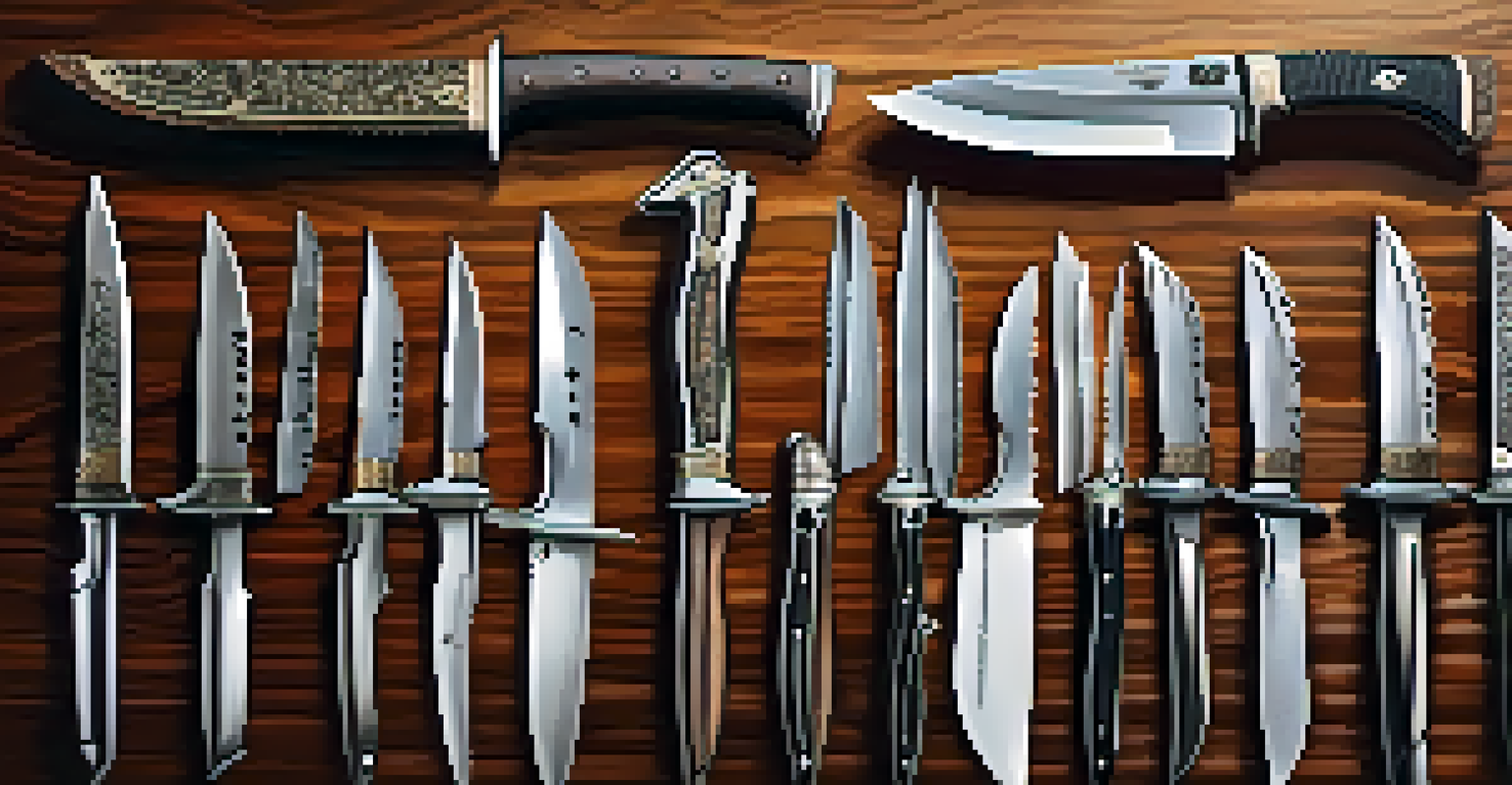 A collection of different types of knives displayed on a wooden table in warm lighting.