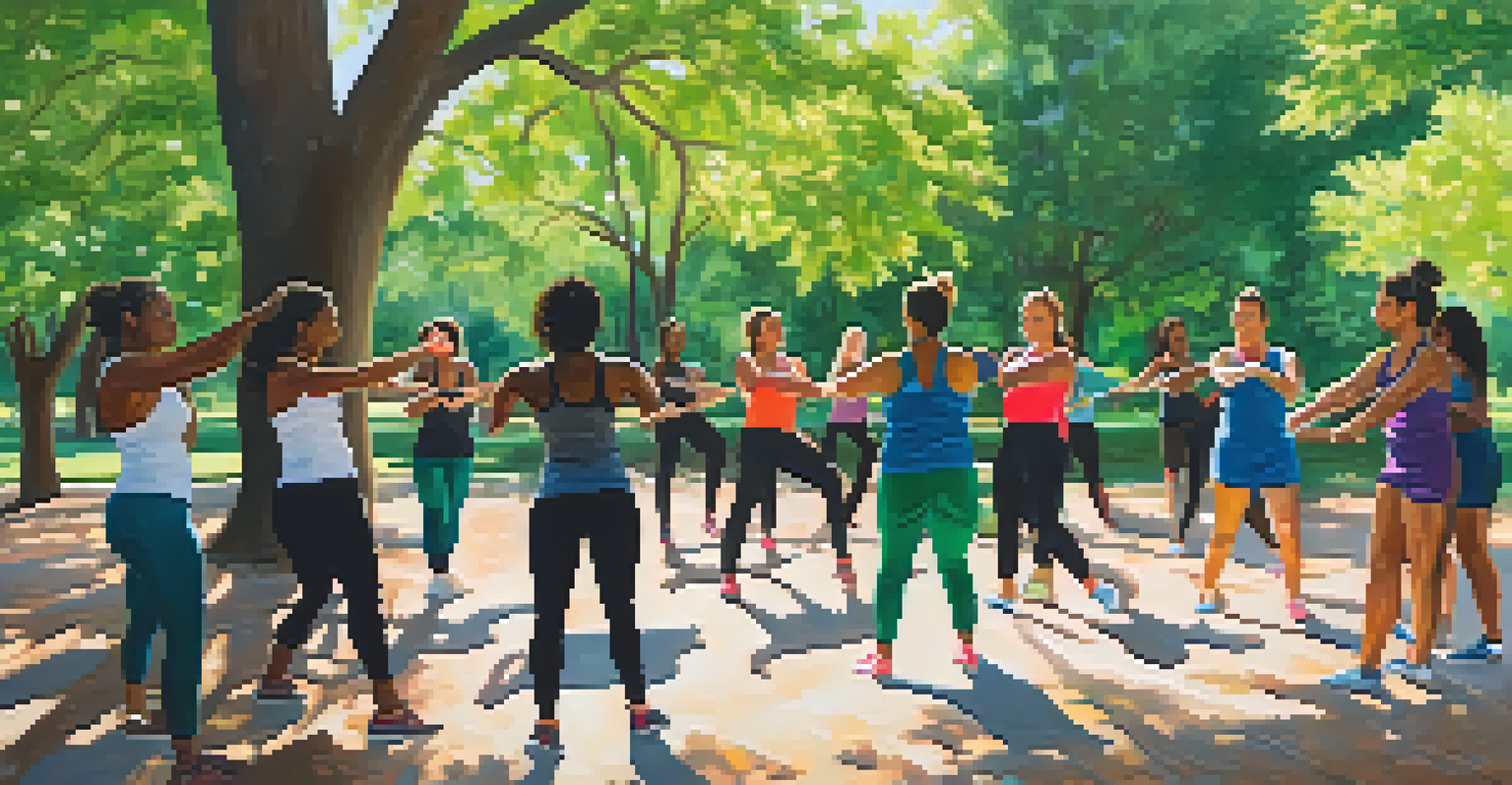 A group of women practicing self-defense in a sunny park, emphasizing community and support.
