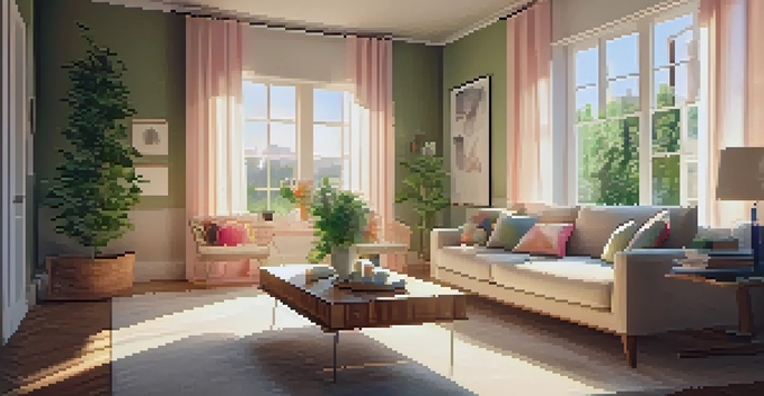 A cozy living room with warm lighting, soft color schemes, and a potted plant.