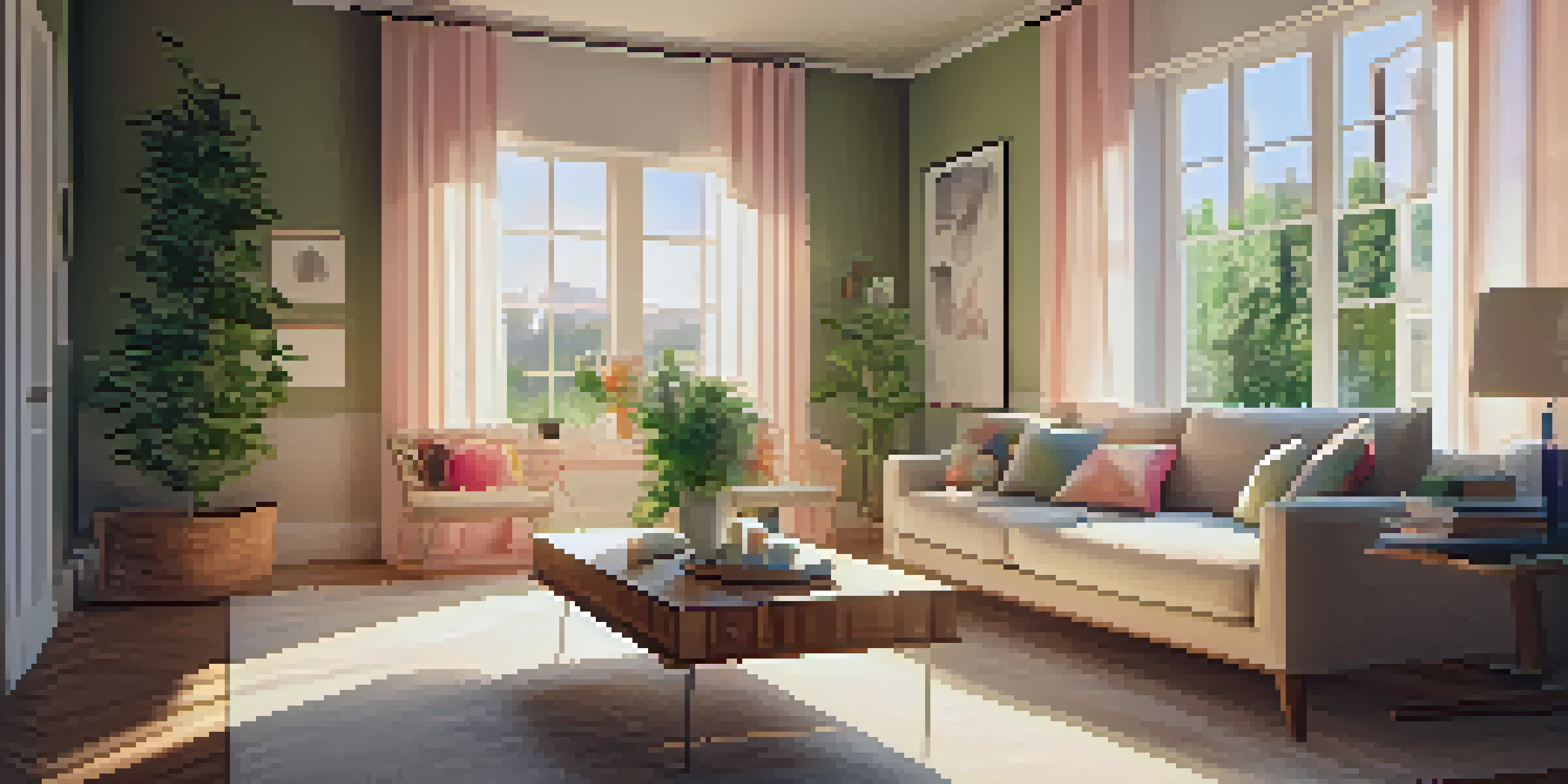 A cozy living room with warm lighting, soft color schemes, and a potted plant.