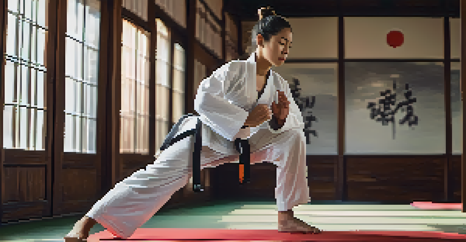 A person demonstrating a self-defense technique in a dojo, showcasing focus and calmness.