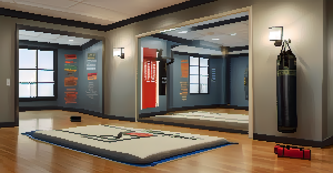 A home practice area for self-defense with a person in a defensive stance, surrounded by motivational quotes and a mirror.