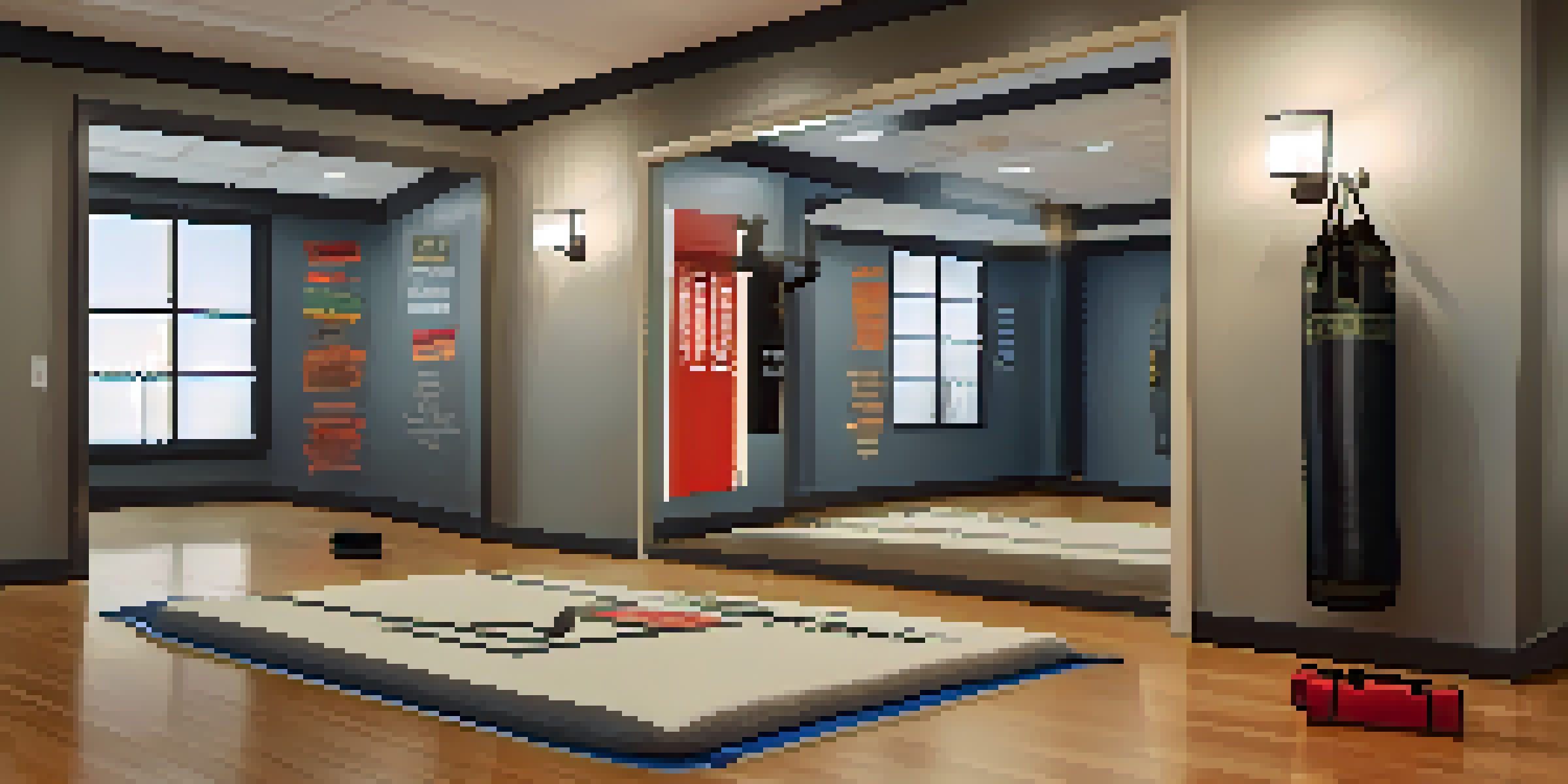 A home practice area for self-defense with a person in a defensive stance, surrounded by motivational quotes and a mirror.