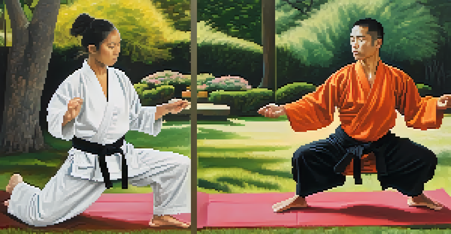 A split image of a person in a martial arts stance and meditating in a garden, showing the balance of physical and mental agility.