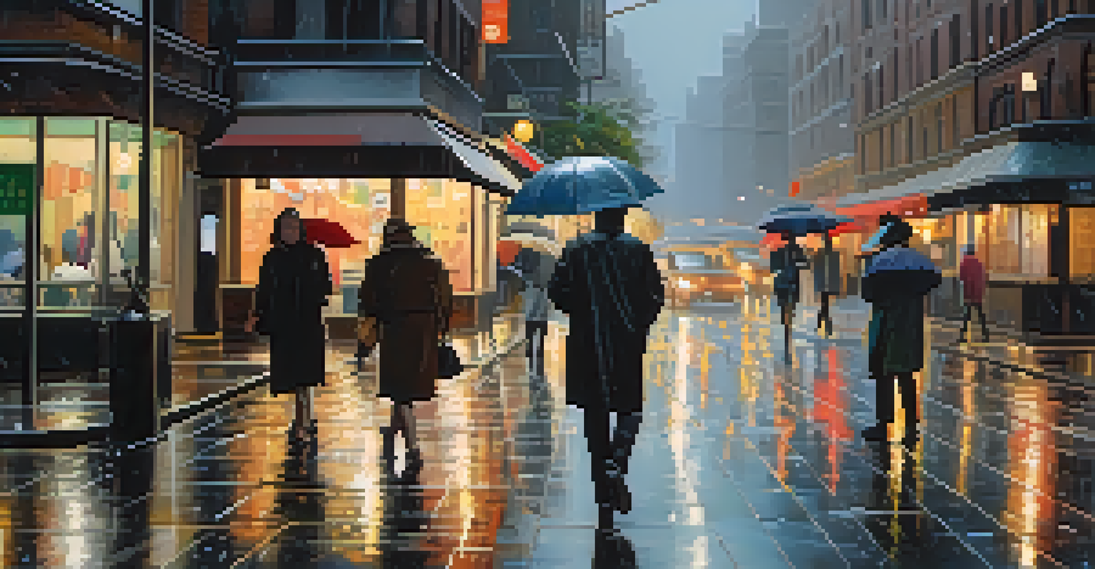 A person walking on a rainy city street, reflecting city lights on wet pavement while being alert.