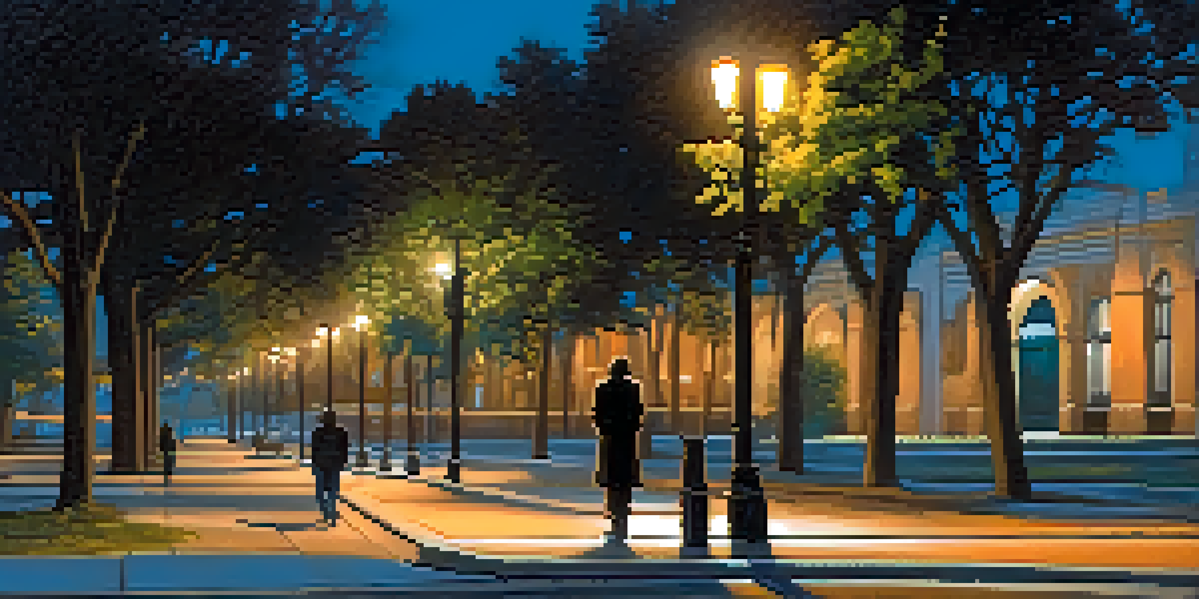 A person walking alone on a well-lit street during dusk, with street lamps glowing and a blue sky.