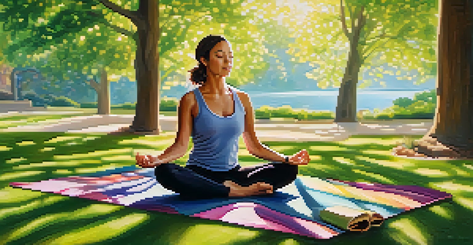 A person practicing mindfulness in a peaceful park setting, surrounded by greenery and flowers.