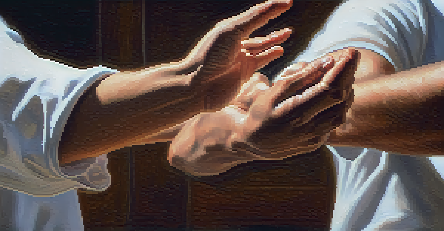 Close-up of hands demonstrating a de-escalation technique in a self-defense class, emphasizing calmness and peace.