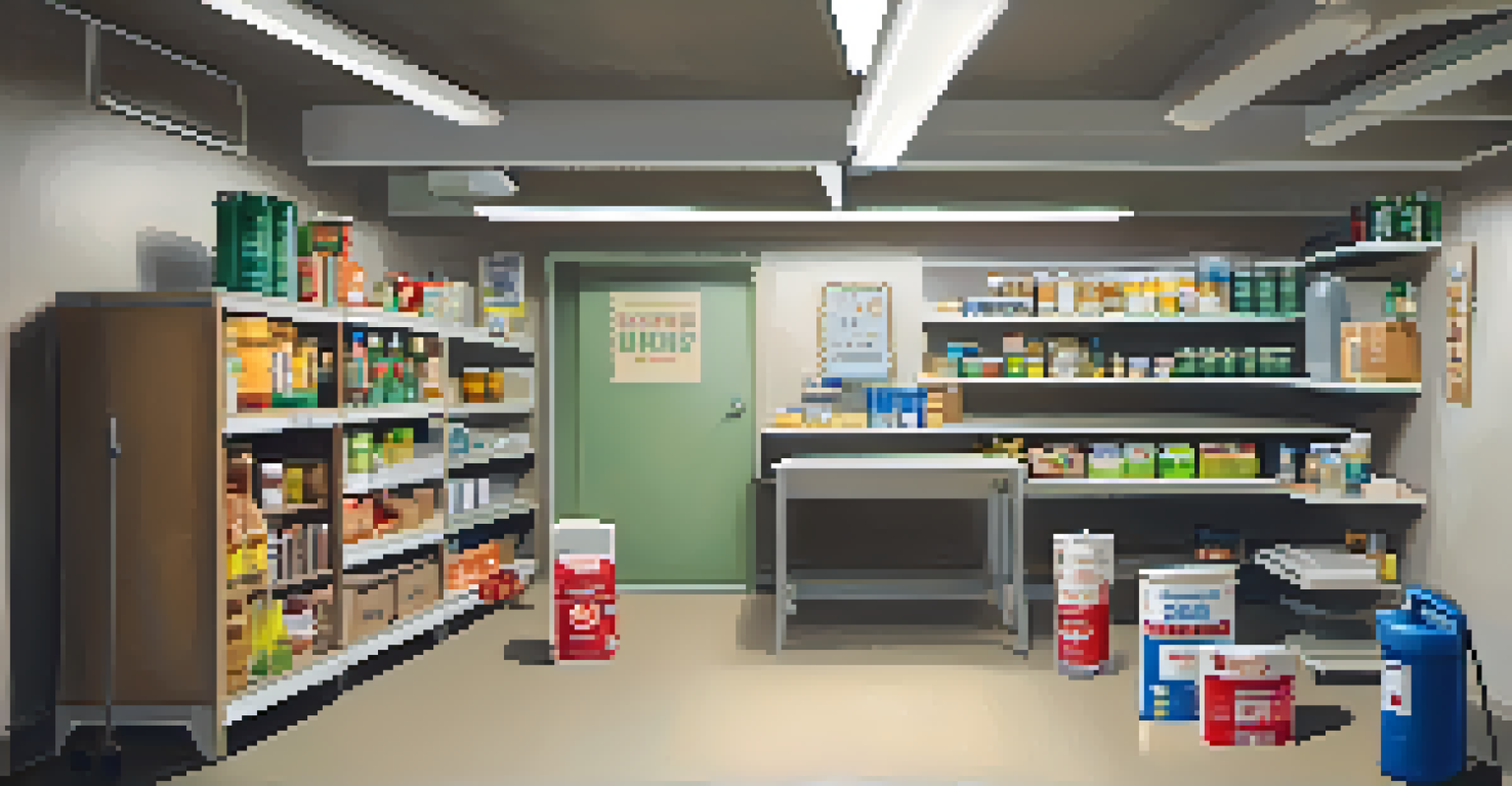 An inviting basement safe space with emergency supplies like food and a first aid kit.