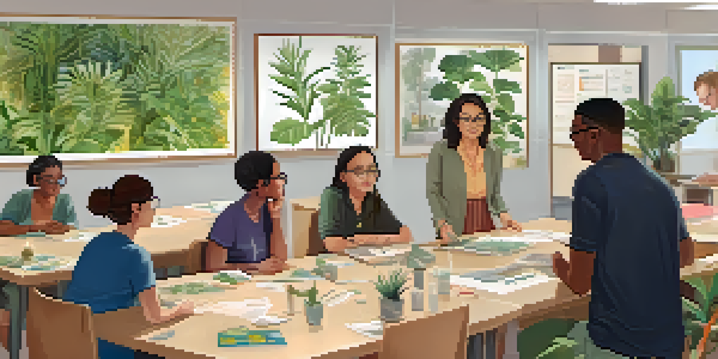 A diverse group of adults in a classroom setting practicing communication skills with an instructor demonstrating active listening techniques.