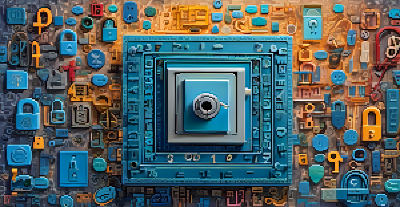 An abstract digital safe surrounded by colorful locks made of characters, representing strong passwords and security.