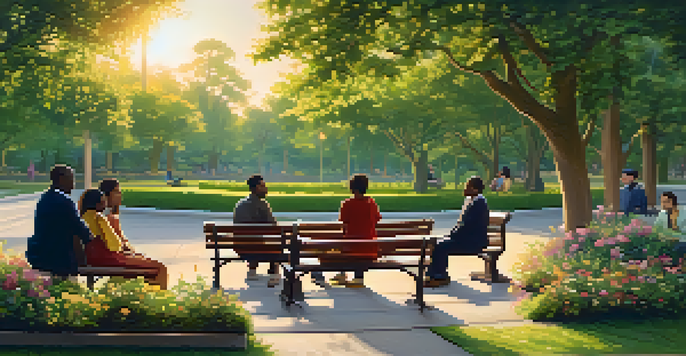 A diverse group of people having a calm discussion in a park during sunset, surrounded by greenery and flowers.