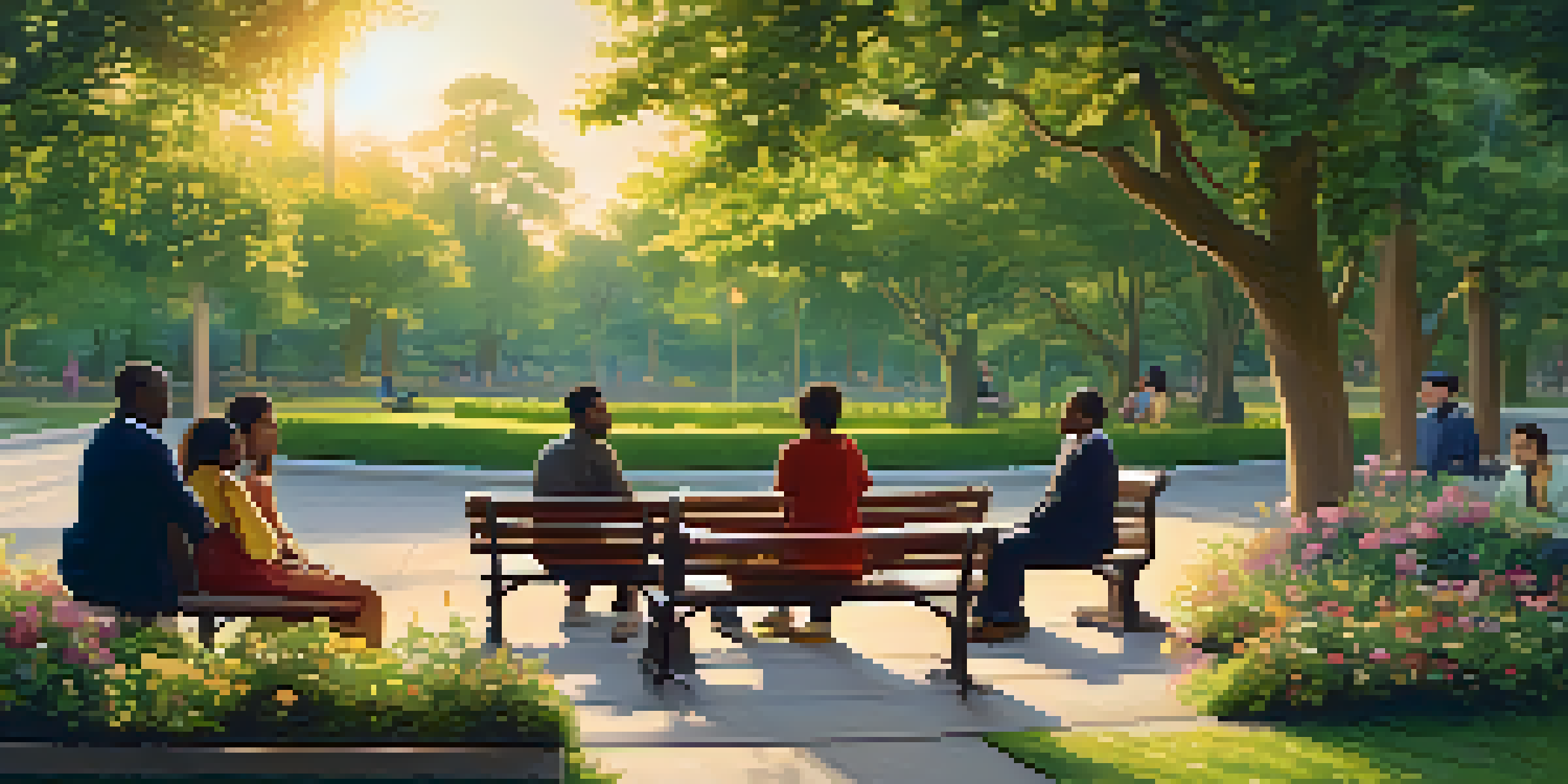 A diverse group of people having a calm discussion in a park during sunset, surrounded by greenery and flowers.