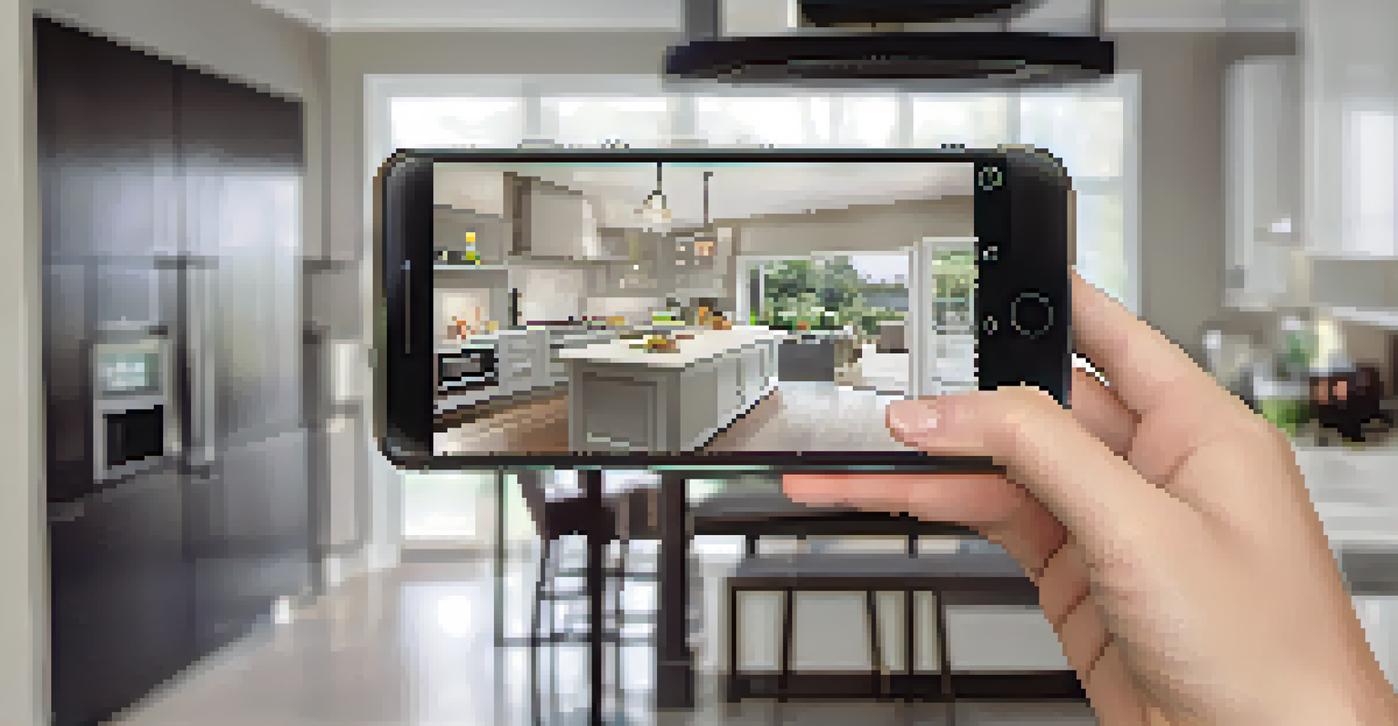 A close-up of a smartphone displaying a smart home app with live camera feeds, held in a person's hand in a modern kitchen.