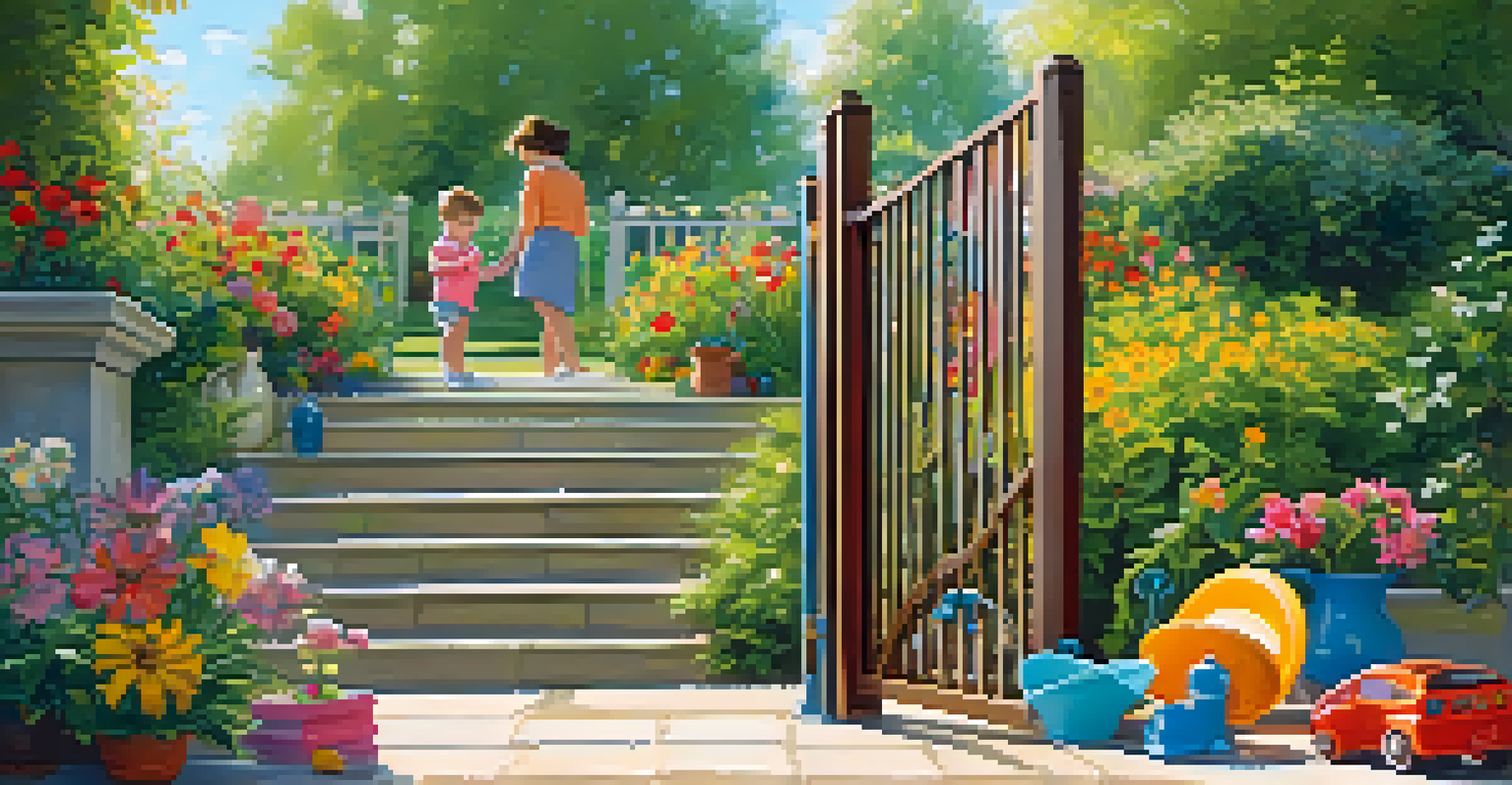 A parent installing safety gates in a garden while a toddler plays nearby, surrounded by blooming flowers.