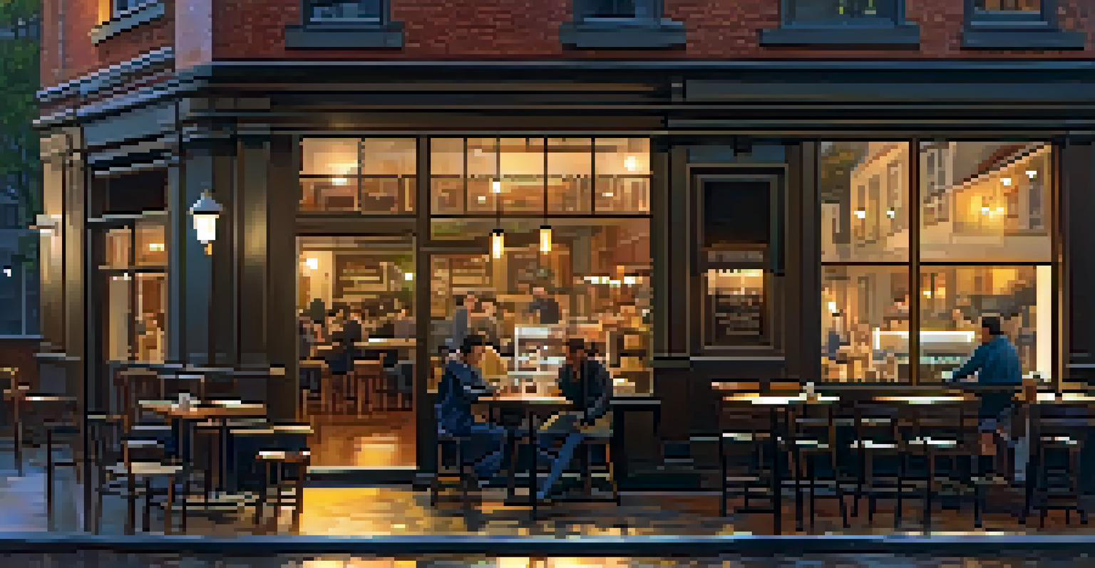 A cozy coffee shop with wooden tables, warm lighting, and customers enjoying their drinks while rain falls outside.