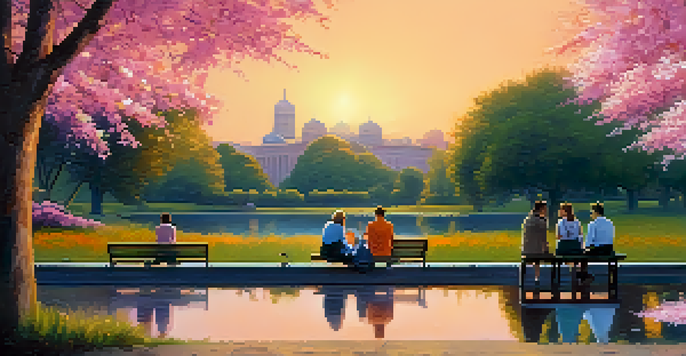 A diverse group of people sitting on a bench in a park, having a calm discussion during sunset, with a pond and blooming flowers around them.