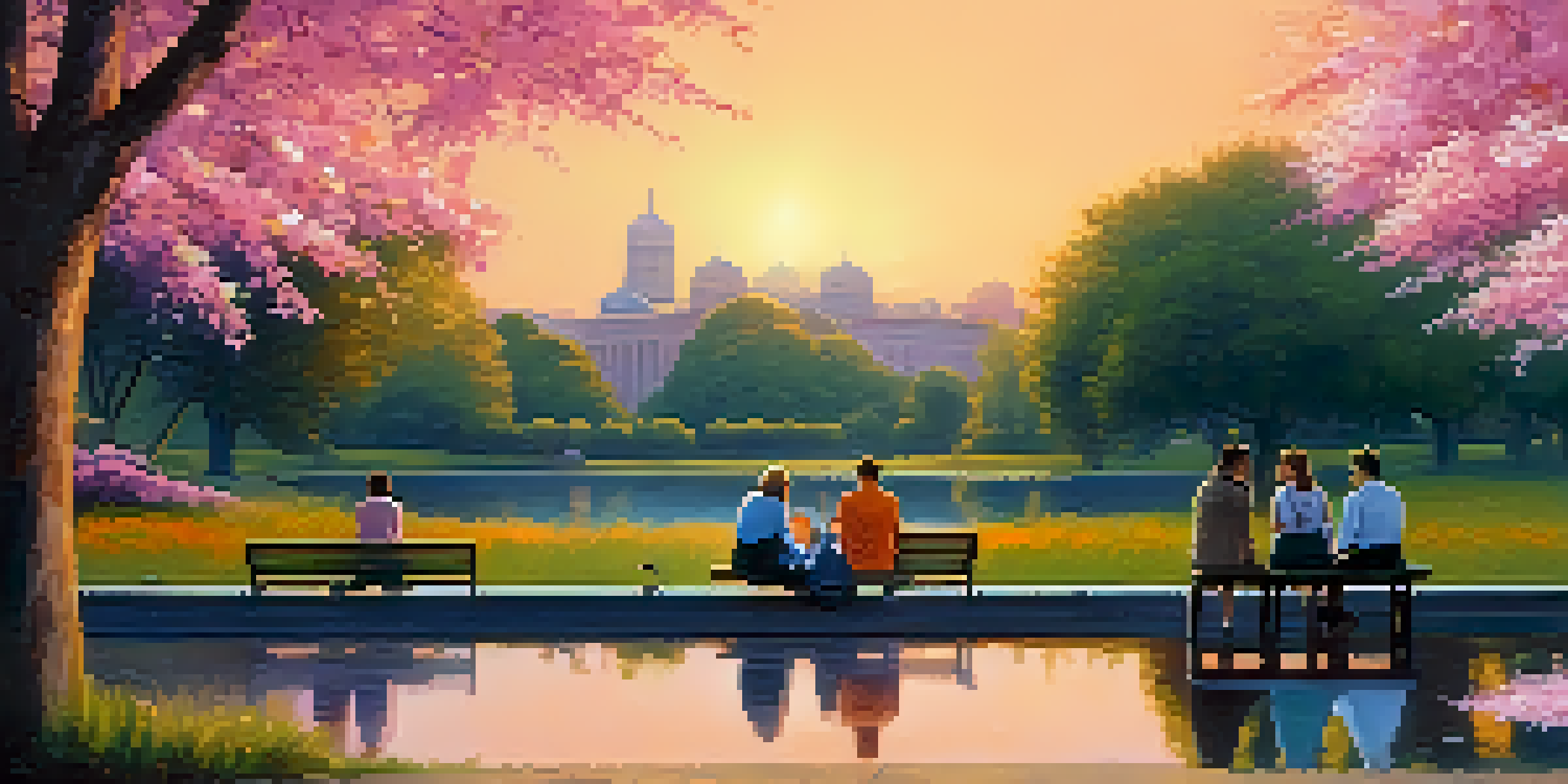 A diverse group of people sitting on a bench in a park, having a calm discussion during sunset, with a pond and blooming flowers around them.
