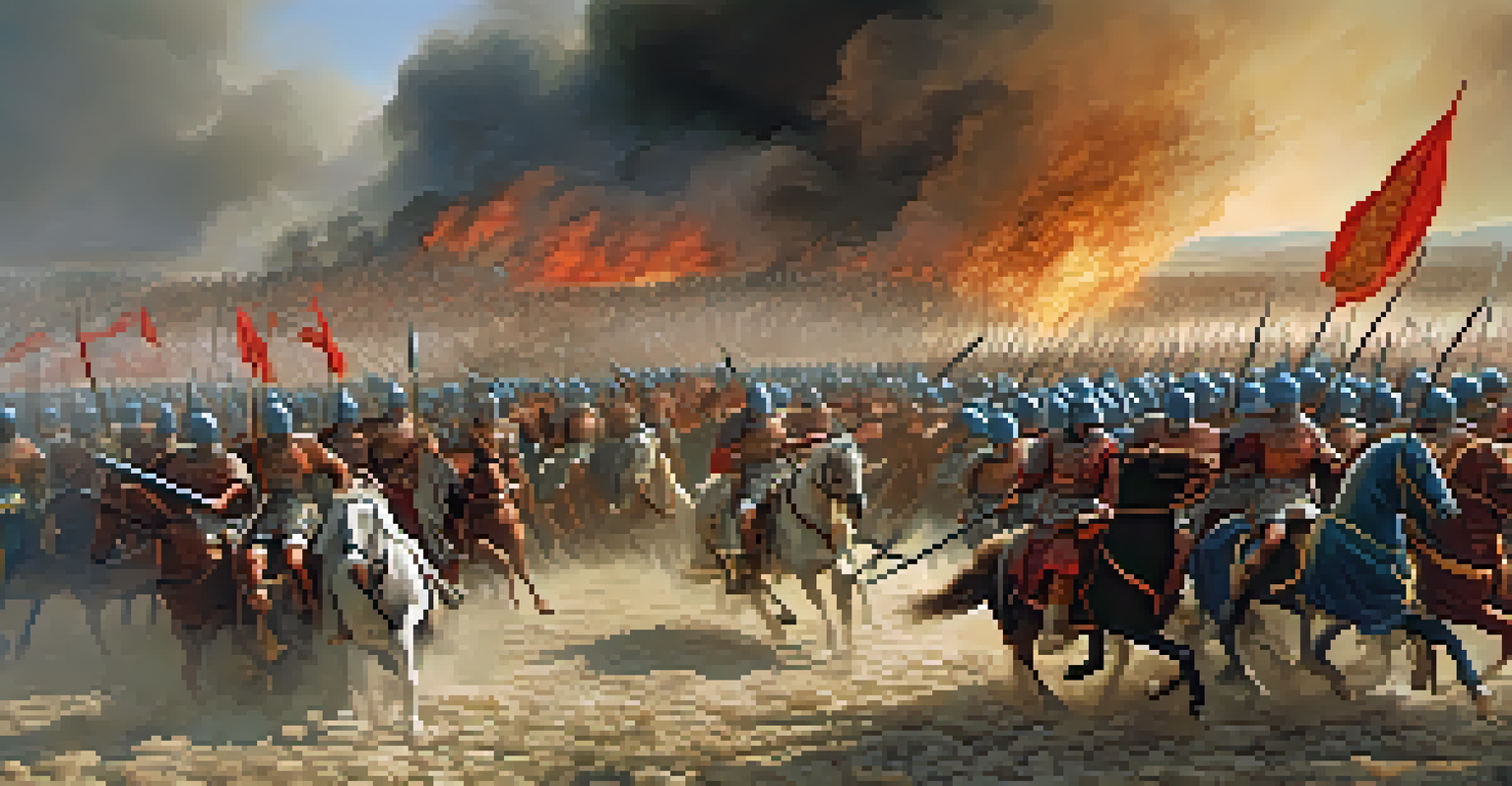 A chaotic battlefield scene depicting the Battle of Cannae, highlighting Hannibal's tactical maneuvers with Carthaginian forces encircling Roman soldiers.