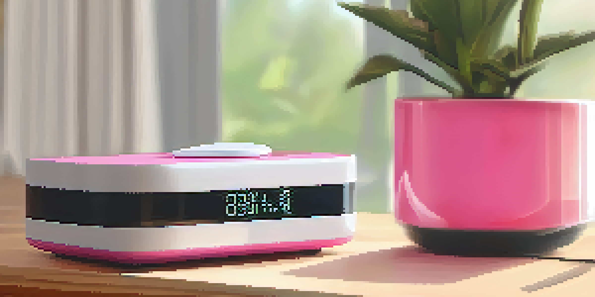 A bright pink personal alarm device on a wooden table with soft natural light, surrounded by elements of a cozy living room.