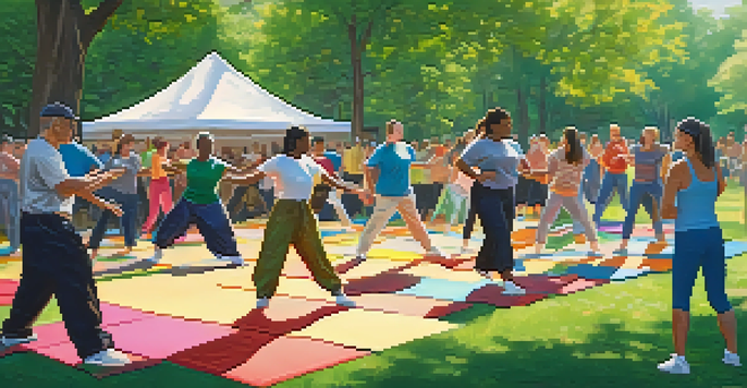 A diverse group of individuals practicing self-defense techniques in a sunny park, with instructors guiding them and a supportive atmosphere.