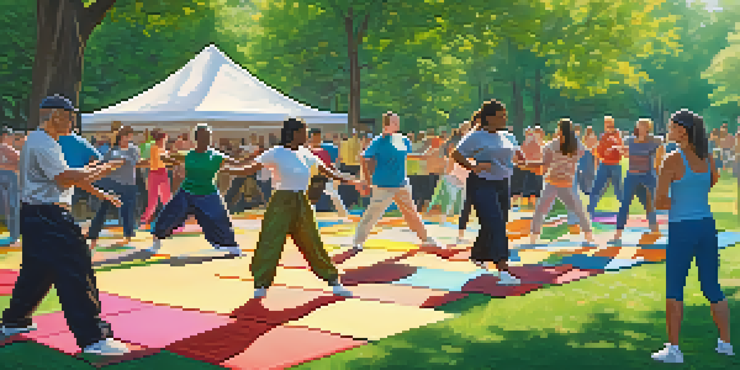 A diverse group of individuals practicing self-defense techniques in a sunny park, with instructors guiding them and a supportive atmosphere.