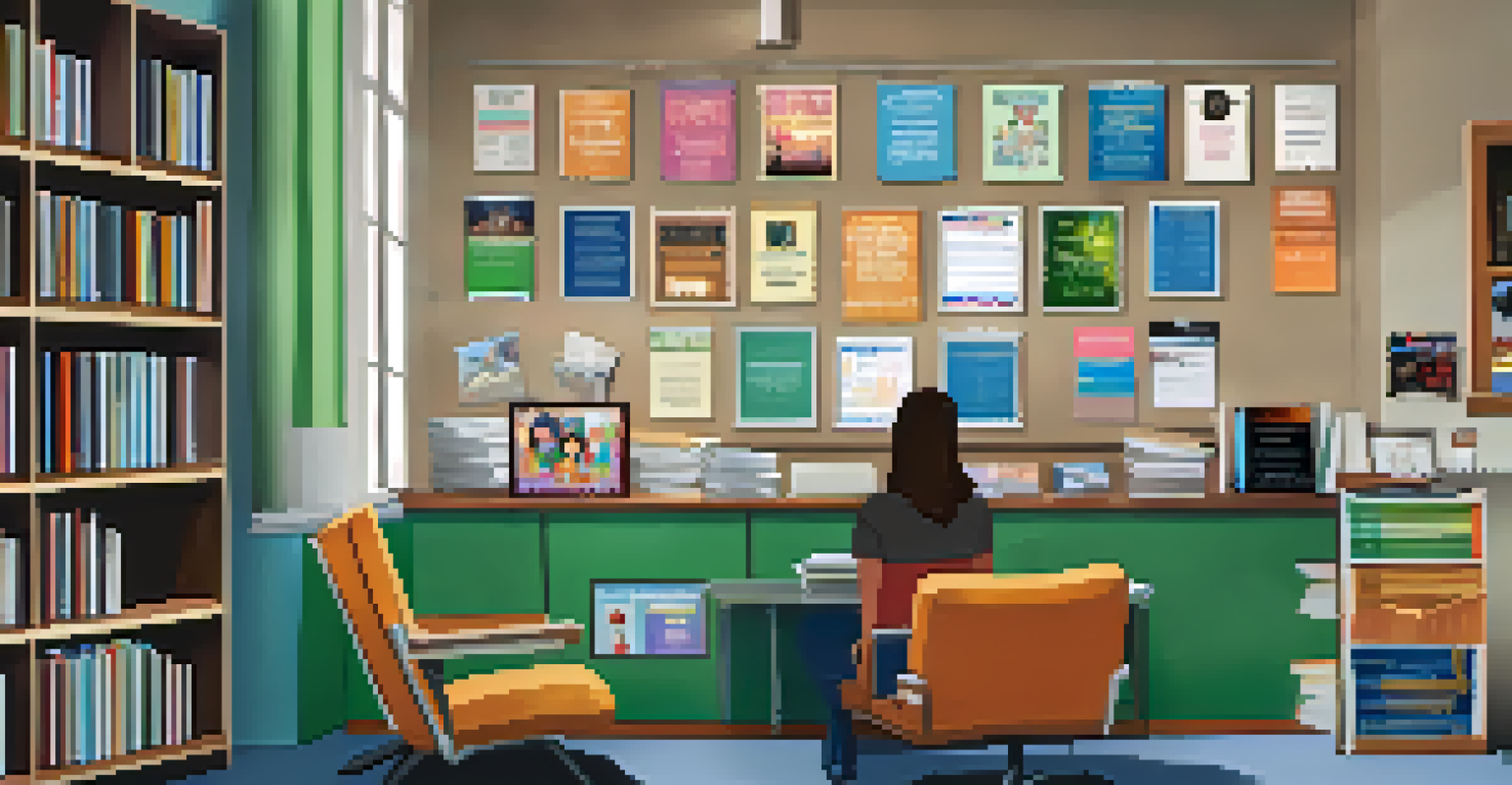 A school counselor's office with a counselor talking to a distressed student, surrounded by inspirational posters.