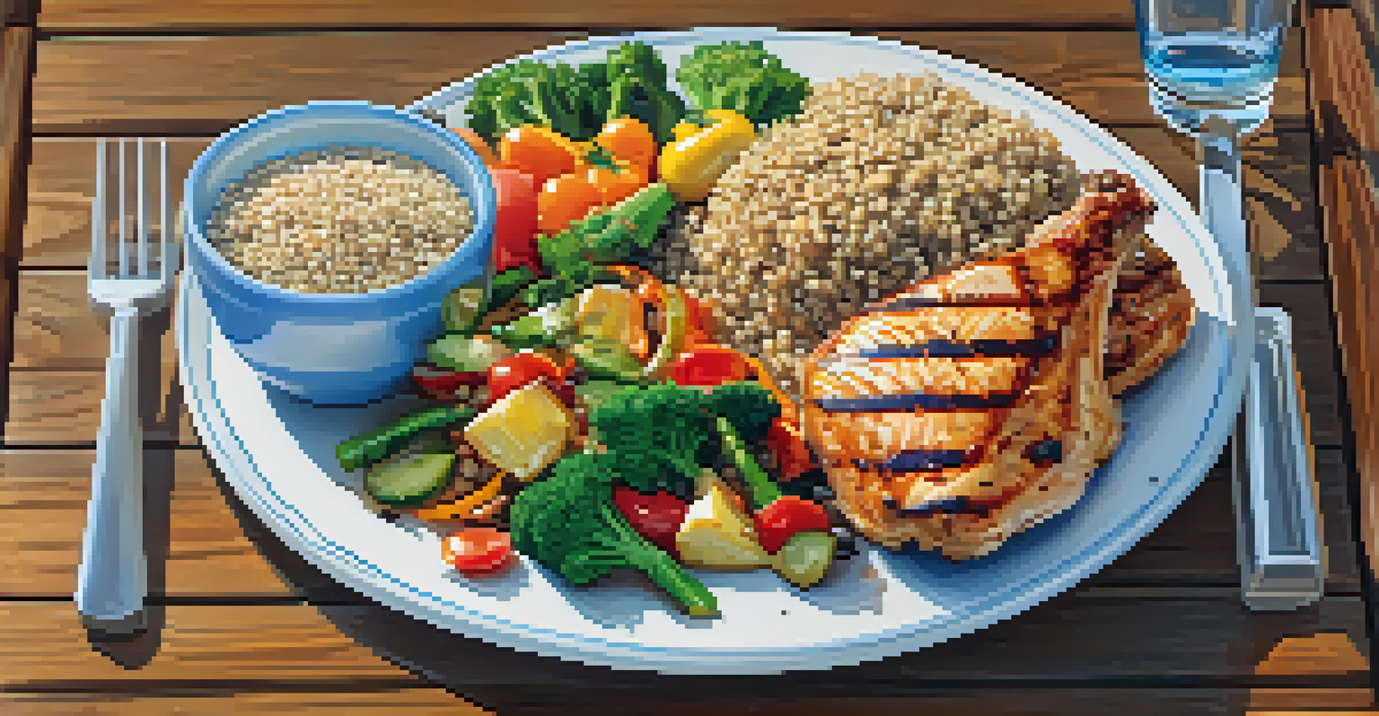 A colorful plate of healthy food including grilled chicken, quinoa, and vegetables, placed on a wooden table with a glass of water.