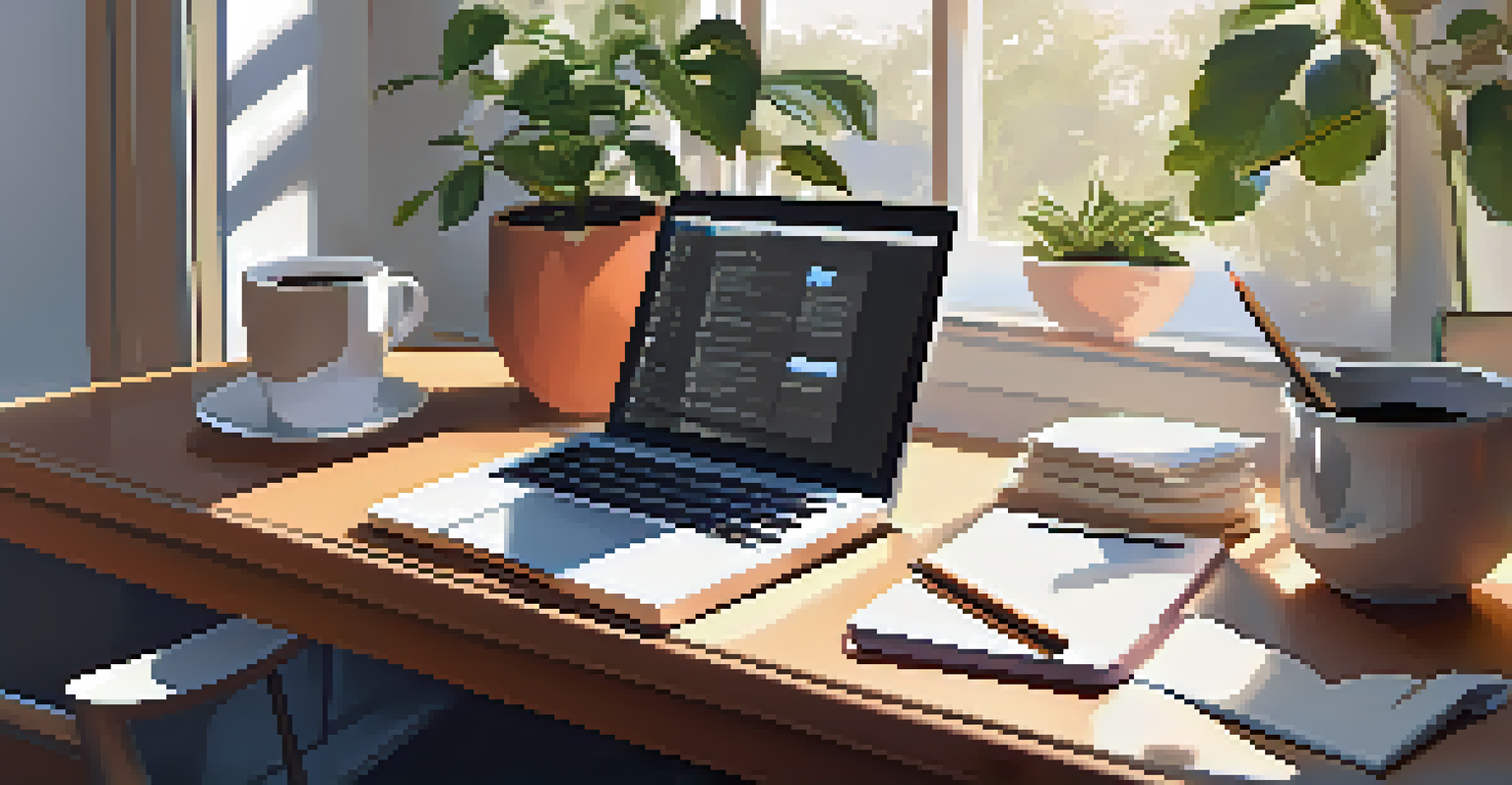 A cozy workspace with a laptop, notepad, plant, and coffee cup, illuminated by morning light.
