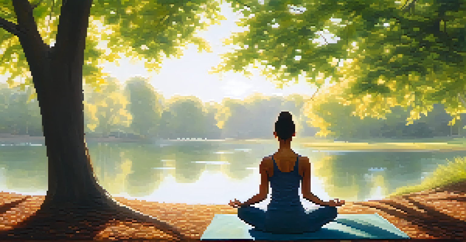 A person meditating in a peaceful park, surrounded by nature and soft sunlight.
